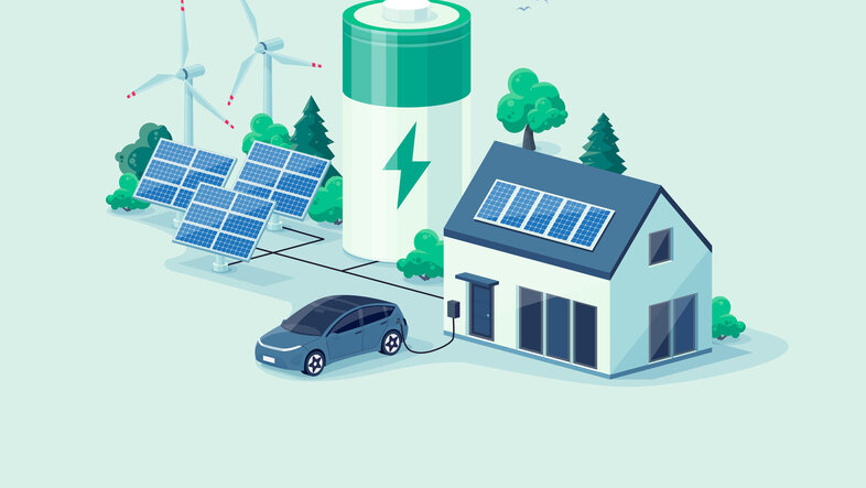 Virtuelle Batterie-Energiespeicherung mit Sonnenkollektoren und Aufladen von Elektroautos