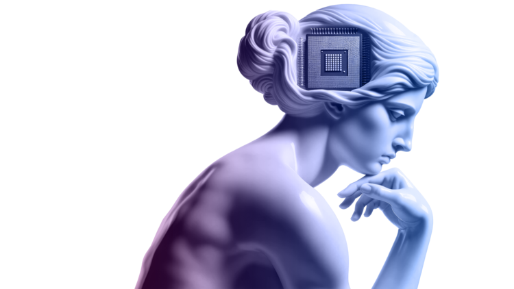KI-generierte Version der Plastik "Der Denker" von Auguste Rodin in weiblicher Gestalt und als Collage mit einem Computerchip